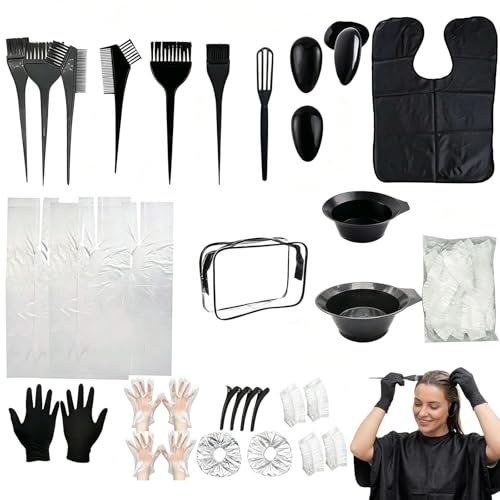 43-Piece Hair Dye Kit – Complete Set with Mixing Bowls, Brushes, Combs, Gloves, Ear Protectors, Caps, Storage Bag – Professional Hair Dyeing Tools for Home or Salon Use Black