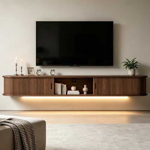 Gdchanyiyi Floating TV Cabinet, 160cm TV Stand with LED Lights and Sliding Doors, Fluted TV Shelves Media Wall Unit for TVs up to 75 Inch, Long TV Unit for Living Room (Walnut)