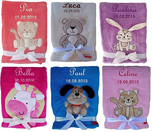 Babydecke weich und flauschig mit Namen bestickt Geschenk Baby Taufe Geburt (dunkelblau Hund)