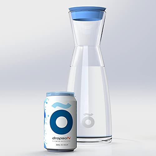 dropson - Carafe avec filtre - Modèle CrystalDrink - Pichet à eau en verre 1L avec couvercle bleu + filtre à eau pour robinet, boîte filtrante 300 litres