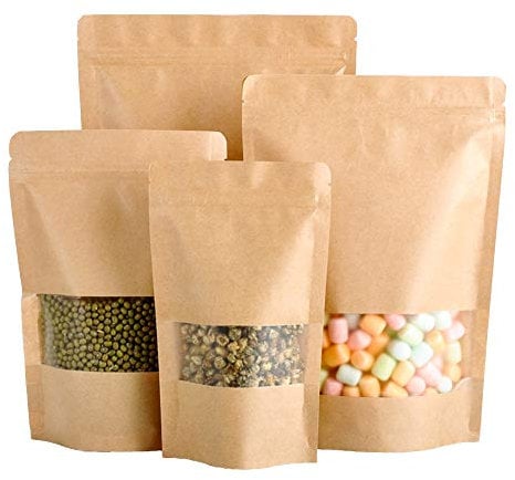 Vankra Lot de 50 sachets en papier kraft réutilisables et hermétiques avec fermeture zip et fenêtre transparente 10x15cm