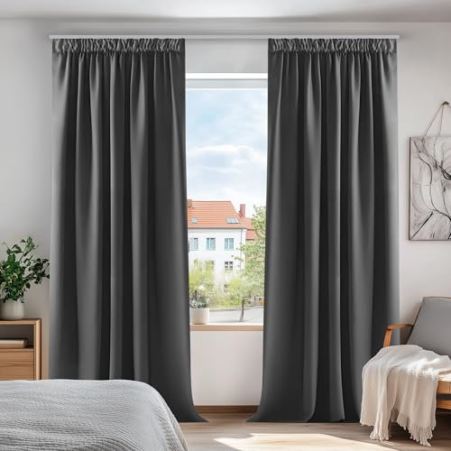 Deconovo Blickdichte Gardine mit Kräuselband Dicke Verdunkelungsgardinen Küche Fenster, 260x140cm(HöhexBreite), Dunkelgrau, 2er Set