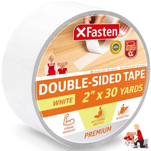 XFasten Double Sided Tape, White, Removable and Residue-free, 2-Inch x 30 Yards, Surface safe Two-Sided Sticky Adhesive Tape for Wall, Floor, Clothes, Rug, Fabric