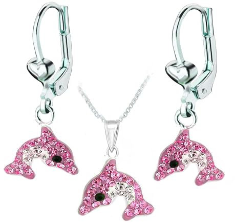 FIVE-D Kinder Ohrringe Kristall Delfin 925 Sterling Silber Creolen Ohrhänger (Set-Rosa)