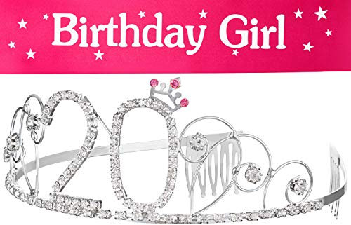 Haarreif Krone + Schärpe Birthday Girl 20. Geburtstag Happy Birthday Kristall Strass Krone Verzierungen Hochzeit Haar Haarband Kamm Stirnband für Frauen (Krone 20 + Schärpe)