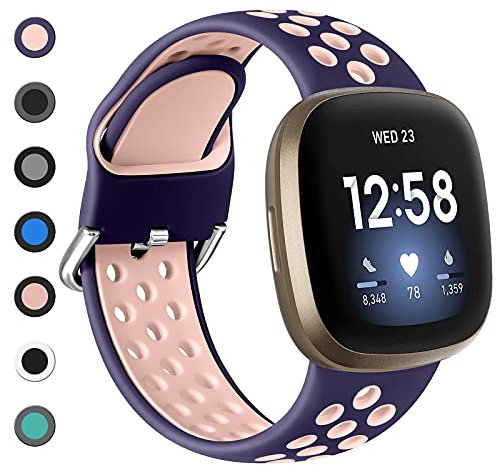 Dirrelo Kompatibel mit Fitbit Versa 4 Armband/Fitbit Versa 3 Armband/Fitbit Sense Armband/Fitbit Sense 2 Armband Damen Herren, Sport Silikon Atmungsaktiv Ersatzarmband Uhrenarmband, S Blau/Rosa