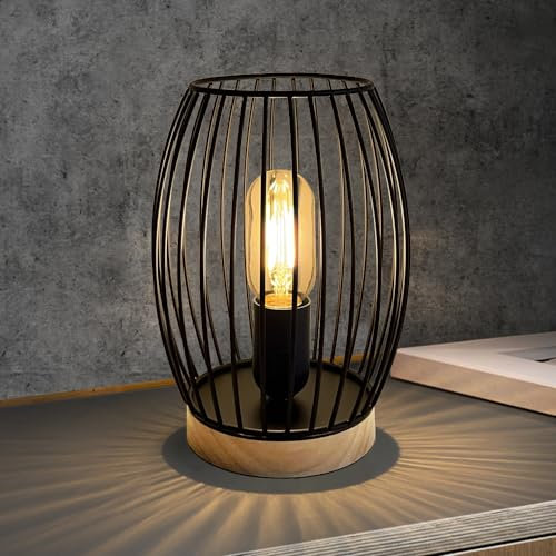HHMTAKA Metal Bedside Table Lamp Wooden Base Bedroom Lamp 22cm High Decorative Bedside Lamp with Edison Bulb for Bedroom Home Weddings Parties Patio Indoor Outdoor (Rugby Shaped)