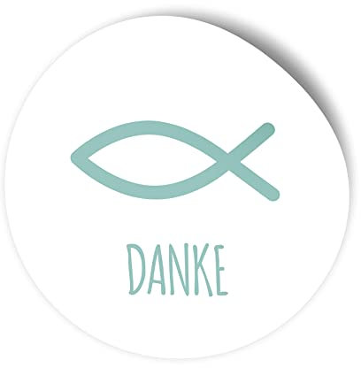 itenga 100x Sticker Aufkleber I Fisch Danke WEISS türkis I zum Basteln von Gastgeschenken I Taufe Kommunion Konfirmation Firmung I 4cm rund für Jungen und Mädchen