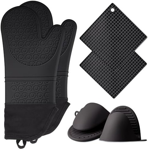 6in1 Heat Resistant Silicone Oven Gloves+ Pinch Grip Pot Holders+Trivet Set, Non-slip Textured Waterproof Kitchen Mitts w/Soft Inner Lining & XL Hand-safe Sleeve for Baking Cooking Grilling Barbecue