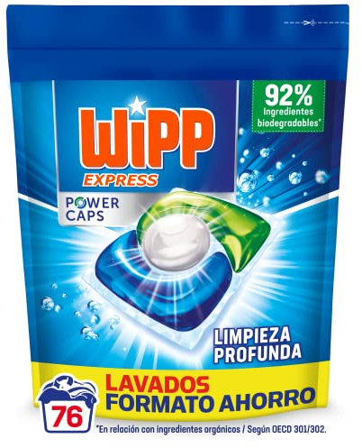 Wipp Express Power Caps Detergente en Cápsulas para Lavadora, 76 Dosis, Limpieza Profunda, Eficaz en Agua Fría