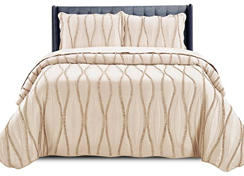 New Quilted Bedspread Throw Embossed Pattern Frilled Bedspreads with Matching Pillow Cases - Luxury Bedspread Bed Throw Coverlets Bedding Set (Beige, King)