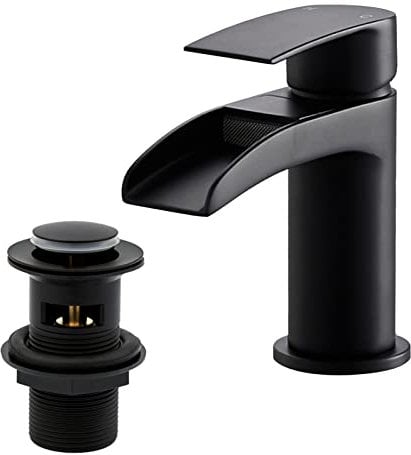 Matte Black Basin Taps with Pop Up Waste, BATHWEST Waterfall Basin Tap with Drain, Monobloc Black Brass Bathroom Sink Taps with Sink Plug 112NBK