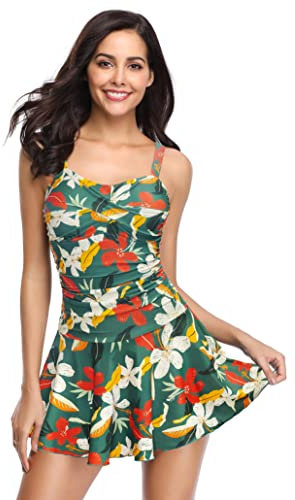 SHEKINI Femme Maillot de Bain Une Pièce Jupette Elégant Ruched Bandeau Réglable Abdominal Contrôle Robe de Plage(S,Motif Fleurs - Rose)