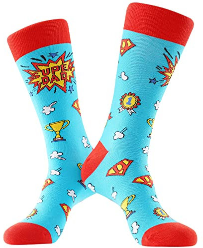 BISOUSOX Fun Socken Vatertag Geschenke für Papa Männer Super Dad Best Dad Größe 39-46 Baumwolle Lustige Socken Herren Geburtstag Geschenk