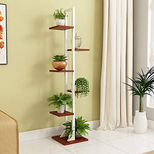 CLSMD 6-stöckiger Metall-Pflanzenständer, Blumentöpfe, Stander, Display-Töpfe, Halter für den Innen- und Außenbereich, Schwarze Aufbewahrungseinheit für Wohnzimmer, Garten, Balkon, Weiß + Teakholz