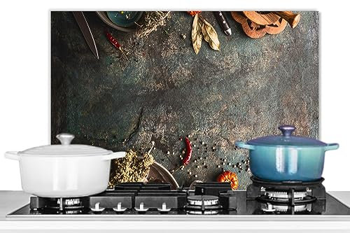 KitchenYeah© Spritzschutz Küchenrückwand Küche Deko Aluminium Platte Wandschutz Herd Spritzschutz WandverkleidungMarmor - Gemüse - Herbst - Kürbis - Rustikal - Gewürze - 60x40 cm