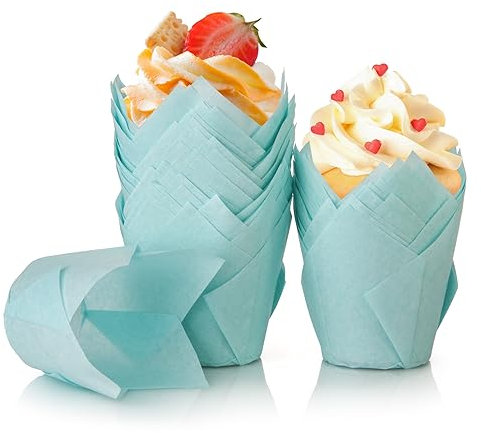 Spesh 100 Stücke Papier Muffinförmchen in Tulpenform Cupcake Formen Tulpe Einweg-Backbecher für Hochzeiten Geburtstag Osterfeier Familientreffen (Blau)