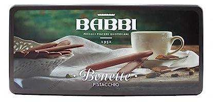 Bonette Pistacchio Piccoli Piaceri Babbi, 18 Lingue di Cioccolato al Latte con Ripieno al Pistacchio, in Elegante Latta da 180g, Senza Glutine, Idea Regalo Raffinata