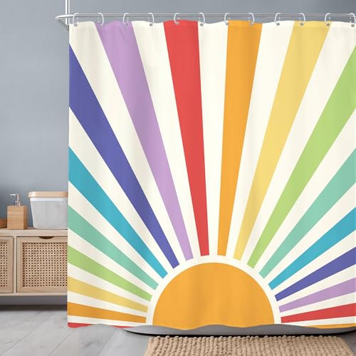 Newsely Boho Sun 70s Shower Curtain 72Wx72H Inch Retro Abstract Rainbow Sunrise Sunset Cute Vintage Colorful Shower Curtain Bathroom Set Modern Groovy Waterproof Bath Decoration Accessories Home Decor