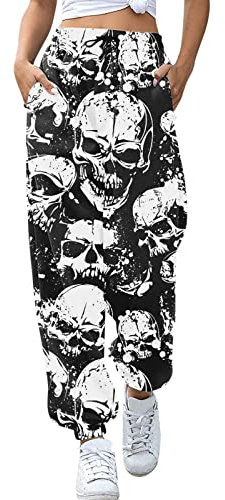 Gothic Hose Damen XXL Halloween Kostüm Skull Motiv Jogginghose Drucken Sporthose Haremshose Bunt Hip Hop Lang Freizeithosen Mit Totenkopf Print High Waist Loose Sweathose Oversize Trainingshose