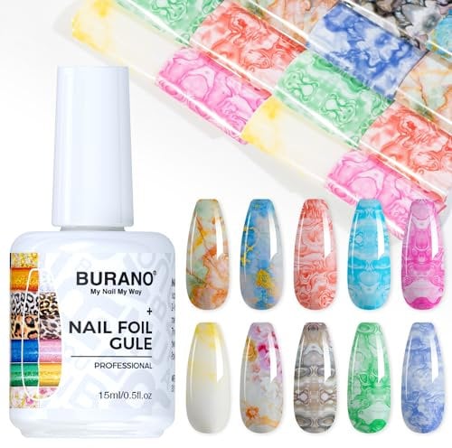 BURANO Nail Art Nail Foil Glue Gel, o.5 oz with 10PCS Foil Stickers Set Nail Foil Glue for Nails Foil Transfer Gel, Nail Design DIY UV LED Lamp Required (Marble Foil 14)