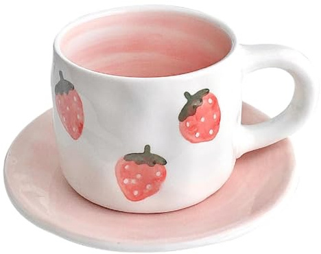 250ml/8.5oz taza de café de cerámica de fresa rosa y juego de platos para el hogar y la oficina tazas de leche tazas y platos de fresa - cuchara