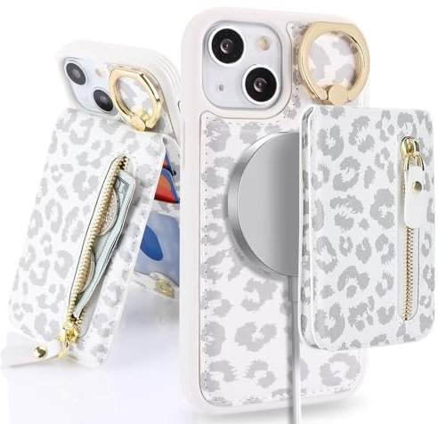 SailorTech iPhone 13 Mini Phone Case with Card Holder, iPhone 13 Mini Case Magsafe Ring Stand with Kickstand Card Slots Wallet Detachable 2-in-1 Zipper Case - White Leopard