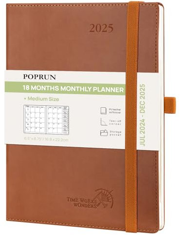 POPRUN A5-Terminplaner 2024–2025, 22 x 16,5 cm (18 Monate: Juli 24 – Dez'25), Monatsplaner, PU-Leder, Softcover, Sonntagsstart, Monatsanleitung (Braun)