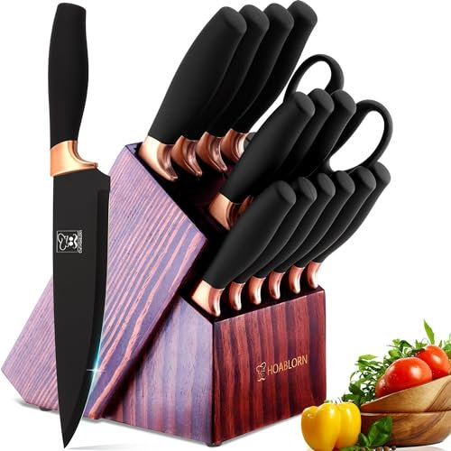 Chefhoablorn 15-TLG Messerblock Set, Scharfe Kochmesser aus Edelstahl Profi Küchenmesser für Housewarming Hochzeit Geschenk