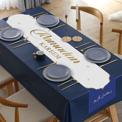 COLOFALLA 30x180cm Eid Mubarak Tischläufer Weiß Gold Ramadan Tischläufer aus Leinen Eid Mubarak Deko Muslimische Tischdeko Dekoration für Zuhause Feiertag Islamische Partydeko