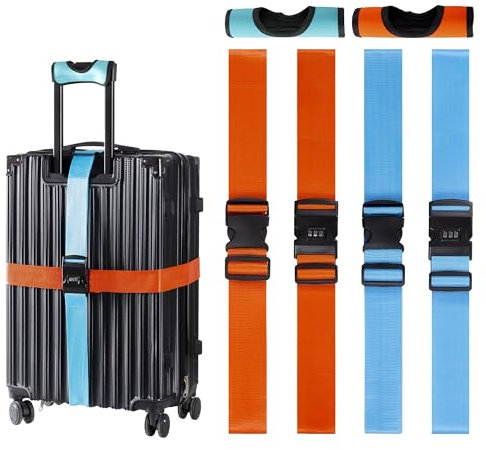 Livearo Lockable Luggage Straps with 2 Handle Wraps – 4 Pack Adjustable Suitcase Straps with Coded Lock for Travel – Heavy Duty Packing Belts for Holiday & Airport Use in Orange & Blue