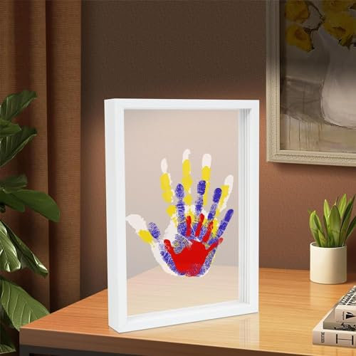 Auauraintt Kit d'Empreintes de Mains Familiales, Cadre en Bois Souvenir Artisanal, Coffret Cadeau, Peintures Non Toxiques, Feuilles Transparentes,Cadeaux pour parents et futurs parents (Blanc)