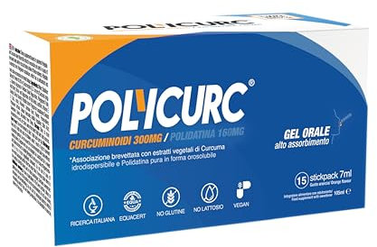 PolyCurc Gel con Curcumina e Polidatina, Stick-pack alto dosaggio veloce assorbimento, Ricerca Italiana brevettata nel mondo: una soluzione naturale per Prestazioni Mentali e contro Dolori Articolari