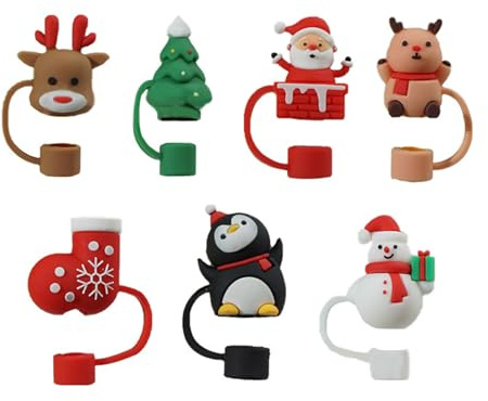 7 Pcs Christmas Straw Silicone Caps Reusable Cartoon Straw Caps Dustproof Straw Cover Topper Tips Lid