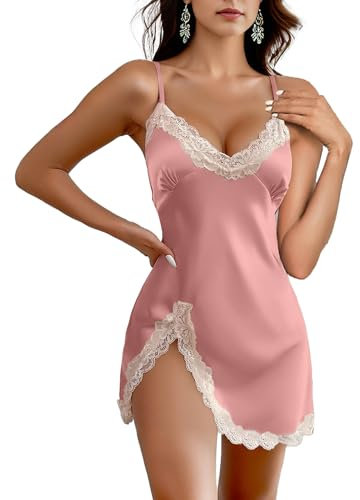 Weardear Nuisette à Bretelles Femme Satin Chemise de Nuit Sexy Courte Col en V Robe de Nuit Dentelle Rose