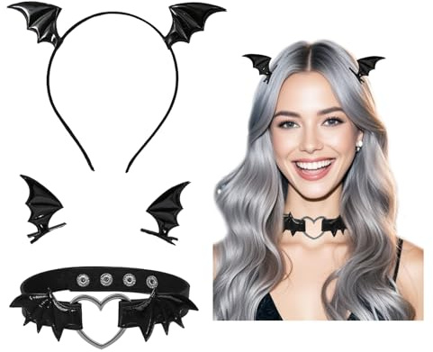 ASFWAGQ Halloween Kostüme Fledermaus Haarschmuck Zubehör mit Fledermaus Haarspangen Fledermaus Stirnband Damen Fledermaus Halsband Sexy Kostüme Frauen für Halloween Maskerade Karneval Gothic