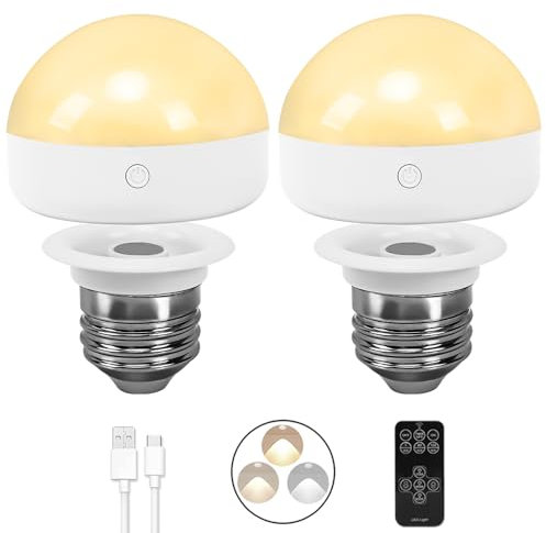 BLUEYE E27 Rechargeable Battery Operated Light Bulb,2Packs,300LM,40W Equivalent,Detachable Charging(E14 available),3 Color Temperature,Remote Control Puck Emergency Lamp,Timer,Dimmer,For Non-Hardwired