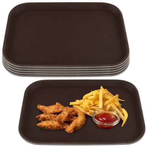 JAPCHET 6PCS 35.5 x 25.5cm Brown Fast Food Tray, Small Plastic Rectangle Serving Tray for Canteens Parties Restaurants