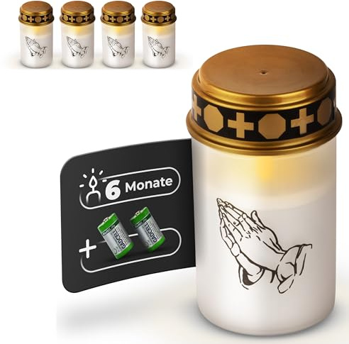 Novaliv Grablicht LED ohne Batterie und Timer 6/18 5 Stück weiß Dauerbrenner Grablichter Kerzen Outdoor LED Grabkerze ohne Batterie Friedhofskerze Gedenkkerze Ewiges Licht Grableuchte