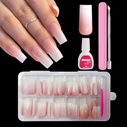 ZAHRVIA Kit De Faux Ongles, Faux Ongles Naturels Roses Dégradés Avec Colle, Faux Ongles Acryliques en Square à Bouts Roses, 120Pcs Glossy Full Cover Nails for Women Girls (Gradient Medium Square)