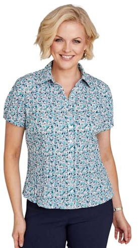 Chums Ladies Crinkle Burnout Print Blouse – Lightweight Short Sleeve Button-Through Top with Embroidered Detail Turquoise 22