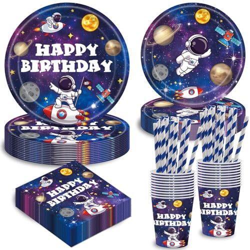 TERLUNNSI Weltraum Geburtstag Deko Partygeschirr Set, Weltraum Geburtstag Party Geschirr, Pappteller Tassen Servietten Strohhalme für Party Kindergeburtstag Deko Junge Mädchen 20 Gäste