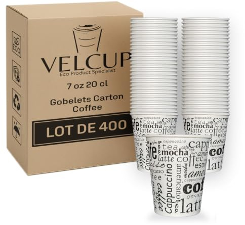 VELCUP Lot 400 gobelets jetables, 200ml en carton, de qualité supérieure, résistants à la chaleur, à emporter, design élégant, Idéal pour Café, Thé, Boissons Chaudes et Froides