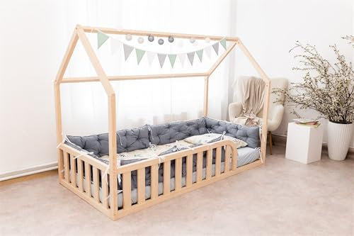 Mandrele - Montessori Bett, Hausbett mit Lattenrost, Rausfallschutz Bett, Bodenbett, Kinderbett, Holzbett mit Bettgestell für Jungen und Mädchen, 200x90cm, Natur Holz