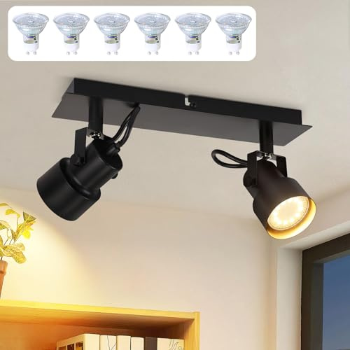 CBJKTX Deckenstrahler 2 Flammig Deckenspot Schwarz mit 6 Stück GU10 | Leuchtmittel - Vintage Schwenkbar 350° Strahler Industrial Spots Küchenlampe für Wohnzimmer Schlafzimmer Küche Flur