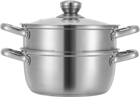 CHFUNE Vaporera de acero inoxidable, diámetro 22 cm, 2 niveles, olla de vapor de inducción con tapa de cristal, para cocinar tamales, verduras, albóndigas y mariscos