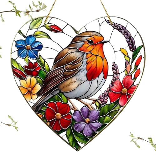 Window Sun Catcher – Large Heart-Shaped Robin Bird – Stained Glass Effect Acrylic Window Hanging – Colorful Bird Ornament for Home Garden Gift Decor (7.8 x 7.8)