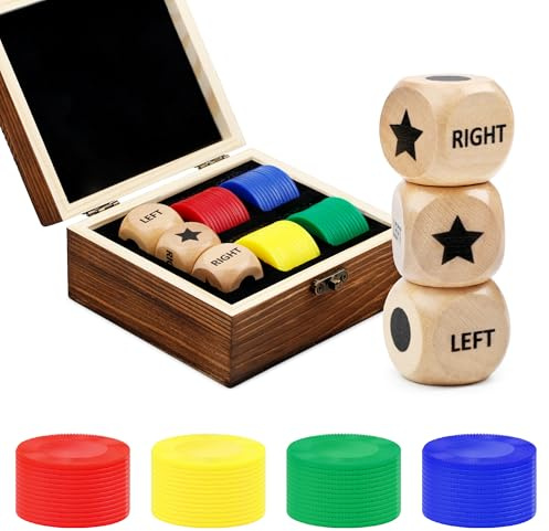 Fun Left Right Roll Dice Game Set, Include 3 1-inch Wooden Dices 48 Pcs Chips in Wooden Box, Easy to Store and Carry Around for Travel(Wood)