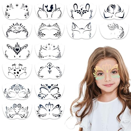 16 Blatt Tattoo Schablone Kinderschminken Schablonen Wiederverwendbare | Gesichtsschablonen für Kinder Malschablonen Karneval Halloween Weihnachten Party Cosplay Kostümparty