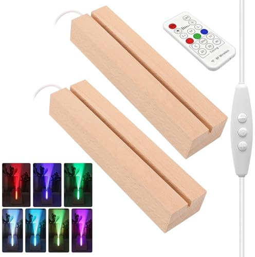 SUNOYA Led Sockel Holz, 2 Stück LED Lichter Display Basis, Holzbeleuchtung Basis Stand, LED Lichtsockel, 7 Farben Einstellbar mit Fernbedienung für 5mm Dicke DIY Acryl Platte Glas Platte Harz Kunst